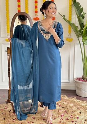 Turquoise Blue Embroidered Poly Blended Kurta Sets