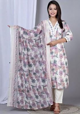 Off White Embroidered Poly Blended Kurta Sets