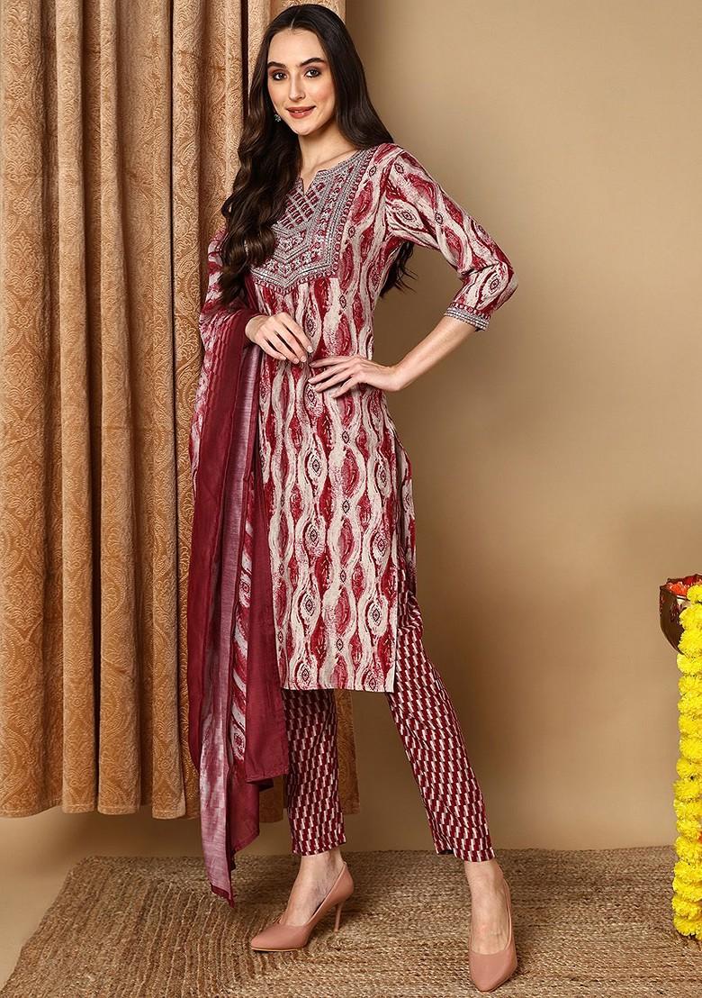 Maroon Embroidered Poly Blended Kurta Sets - Indya