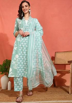 Sea Green Embroidered Poly Blended Kurta Sets