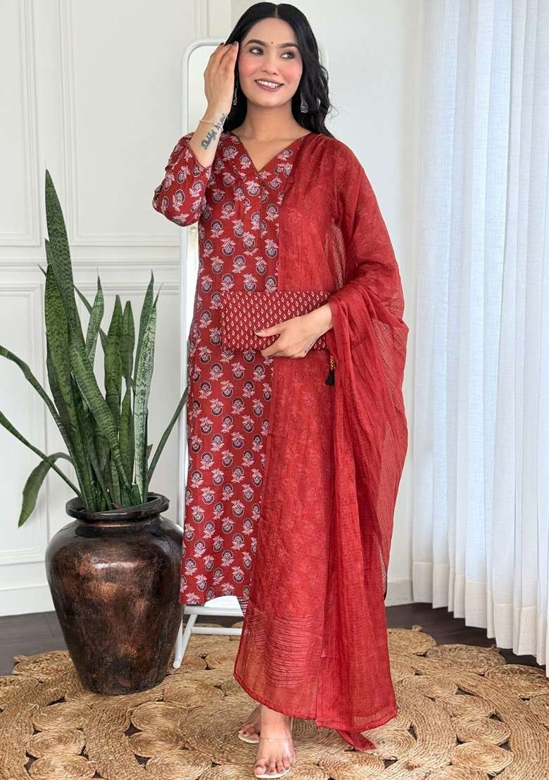 Rust Embroidered Poly Blended Kurta Sets - Indya