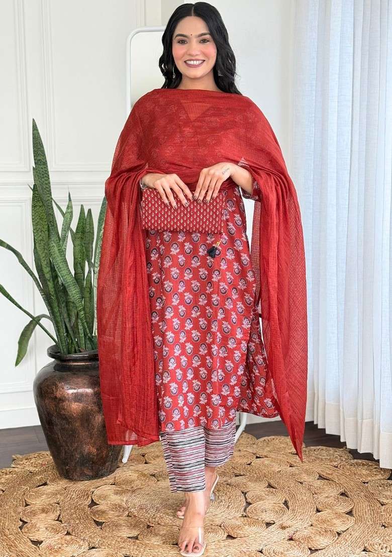 Rust Embroidered Poly Blended Kurta Sets - Indya