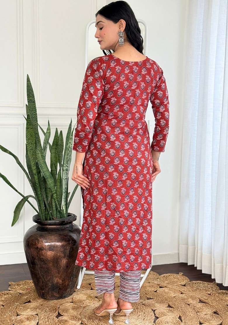 Rust Embroidered Poly Blended Kurta Sets - Indya