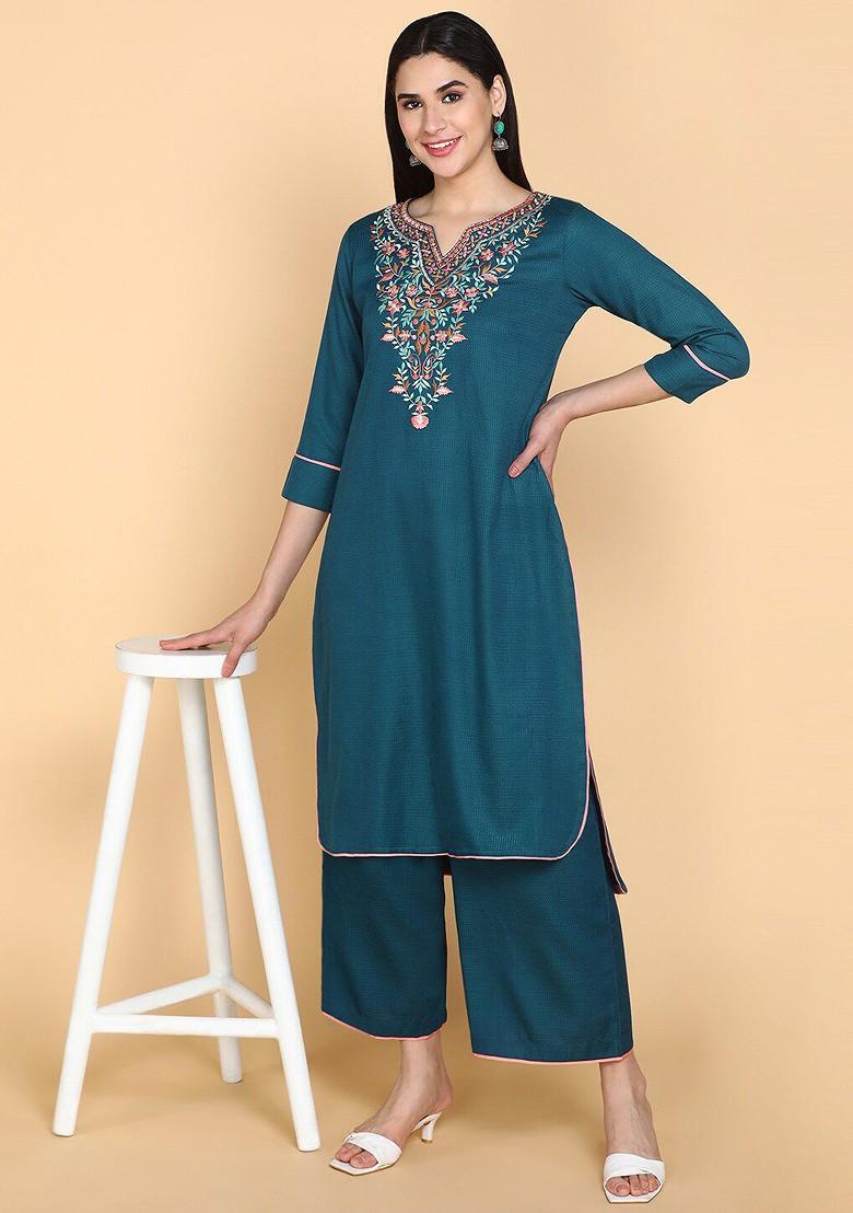 Blue Embroidered Poly Blended Kurta Sets - Indya