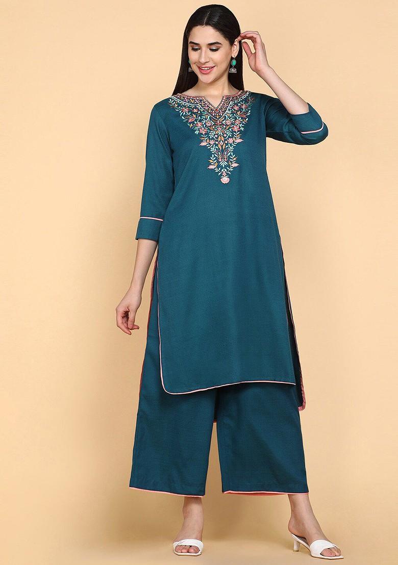 Blue Embroidered Poly Blended Kurta Sets - Indya