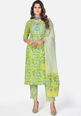 Lime Green Embroidered Poly Blended Kurta Sets