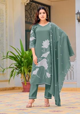 Sea Green Embroidered Poly Blended Kurta Sets
