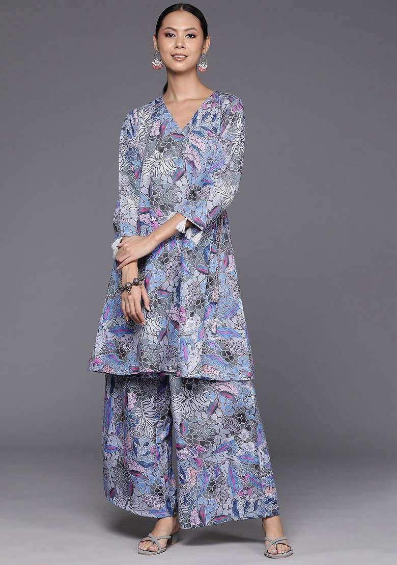 Grey Embroidered Poly Blended Kurta Sets - Indya