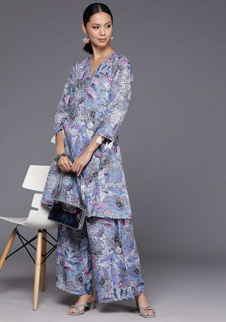 Grey Embroidered Poly Blended Kurta Sets - Indya