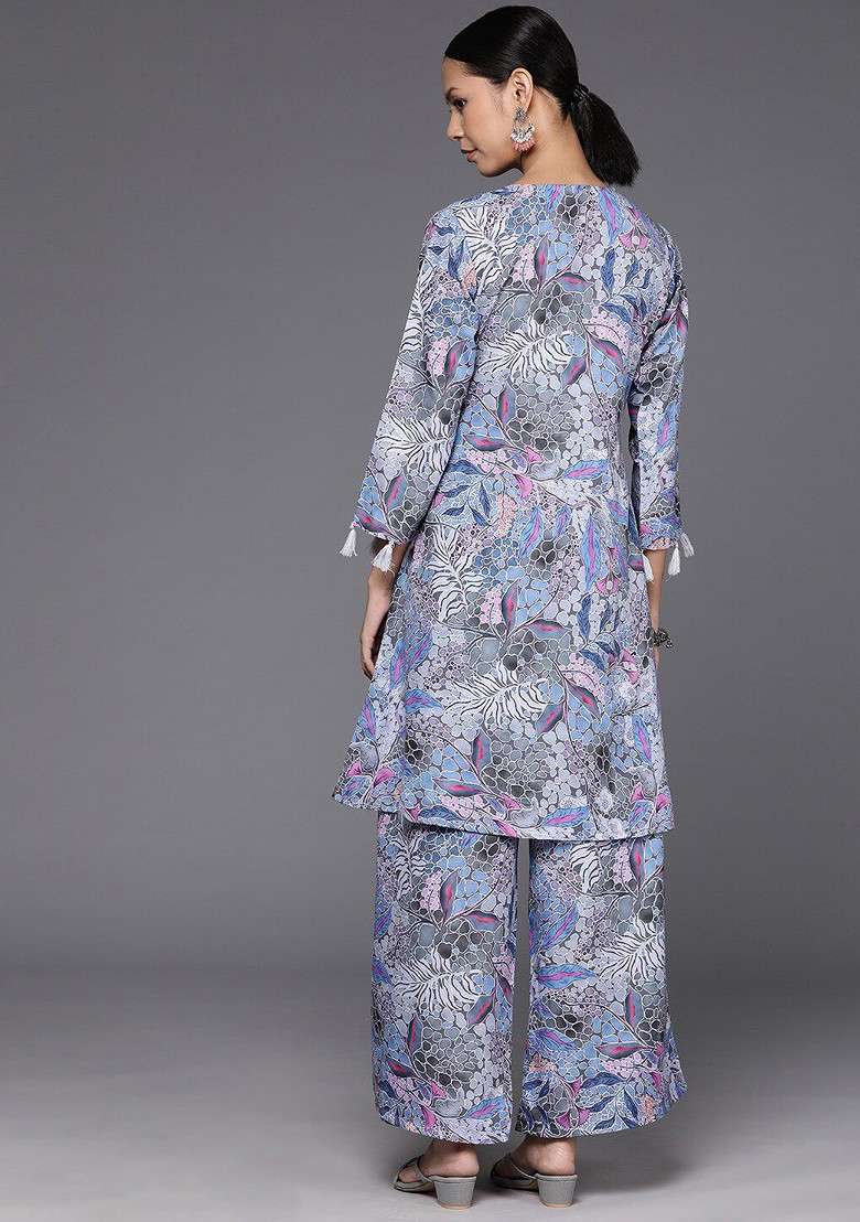 Grey Embroidered Poly Blended Kurta Sets - Indya
