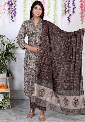 Brown Embroidered Poly Blended Kurta Sets