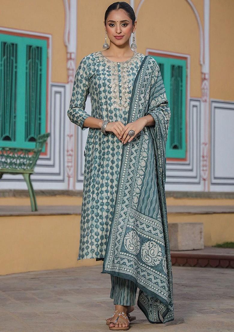 Green Embroidered Poly Blended Kurta Sets - Indya