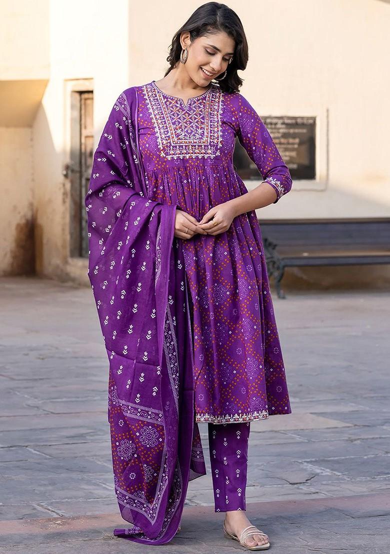 Magenta Embroidered Poly Blended Kurta Sets - Indya