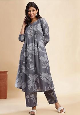 Grey Embroidered Poly Blended Kurta Sets