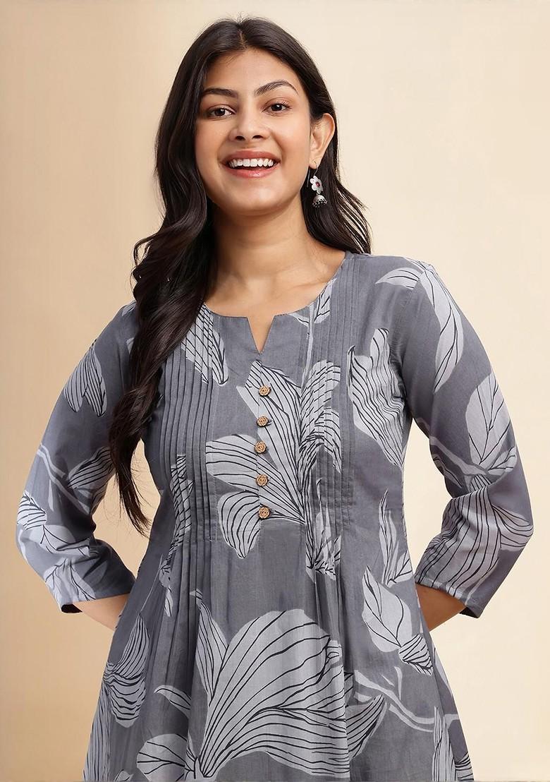 Grey Embroidered Poly Blended Kurta Sets - Indya