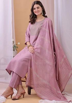 Lavender Embroidered Poly Blended Kurta Sets