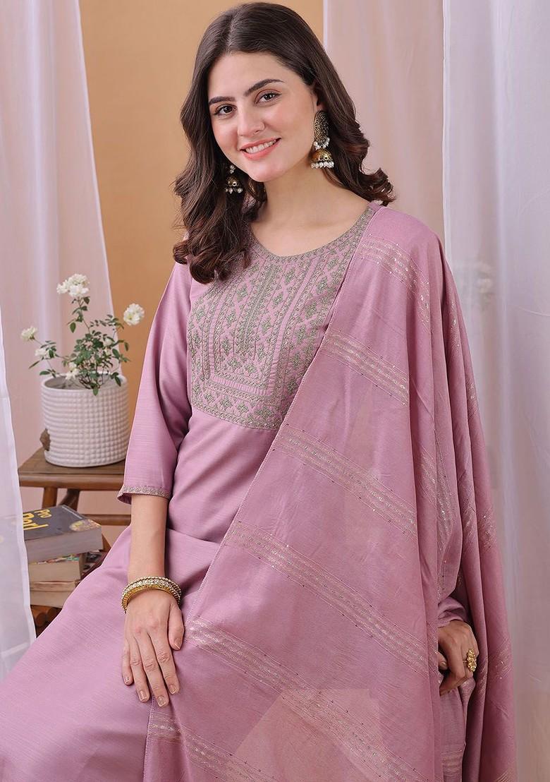 Lavender Embroidered Poly Blended Kurta Sets - Indya