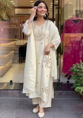 Off White Embroidered Poly Blended Kurta Sets