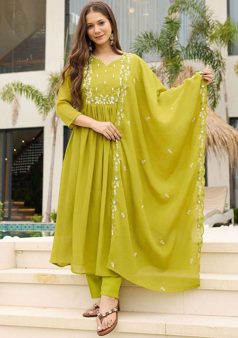 Lime Green Embroidered Poly Blended Kurta Sets - Indya