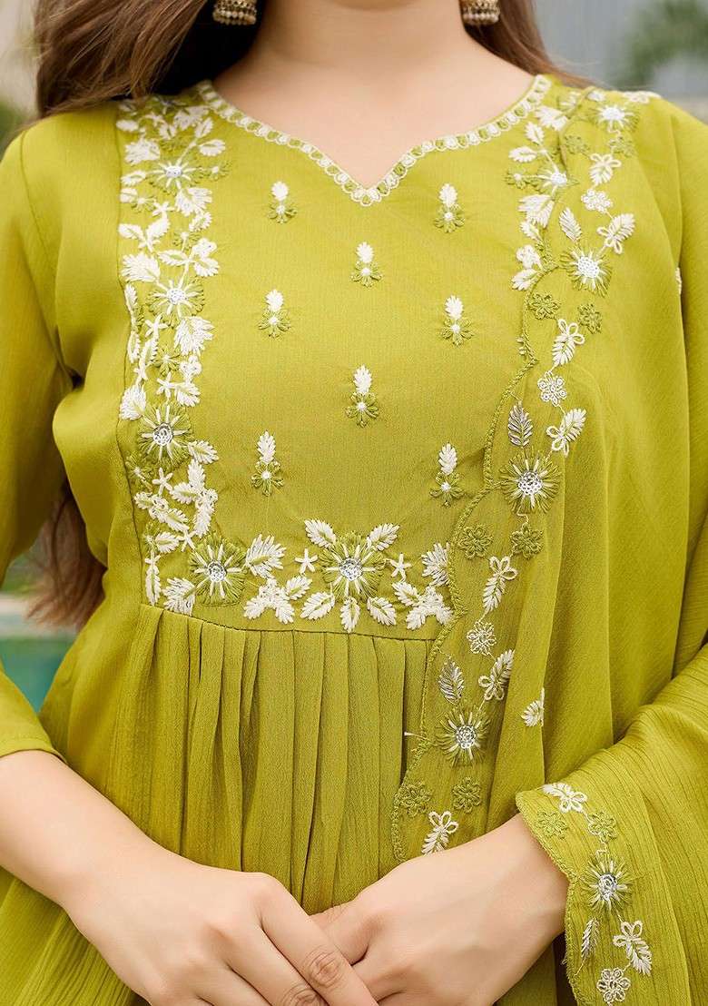 Lime Green Embroidered Poly Blended Kurta Sets - Indya