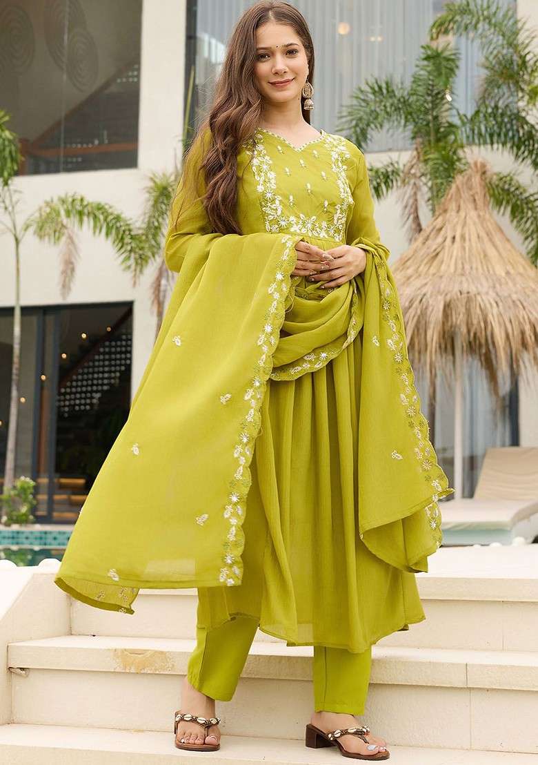 Lime Green Embroidered Poly Blended Kurta Sets - Indya