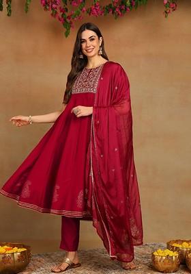 Burgundy Embroidered Poly Blended Kurta Sets