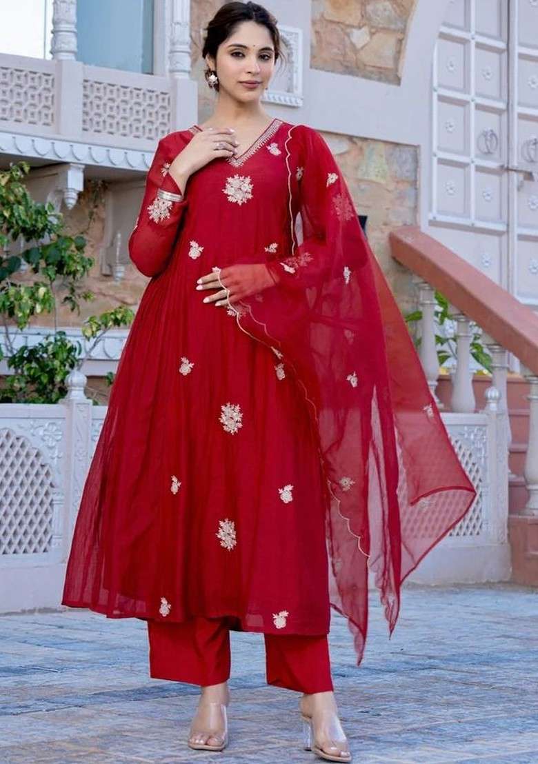Maroon Embroidered Poly Blended Kurta Sets - Indya