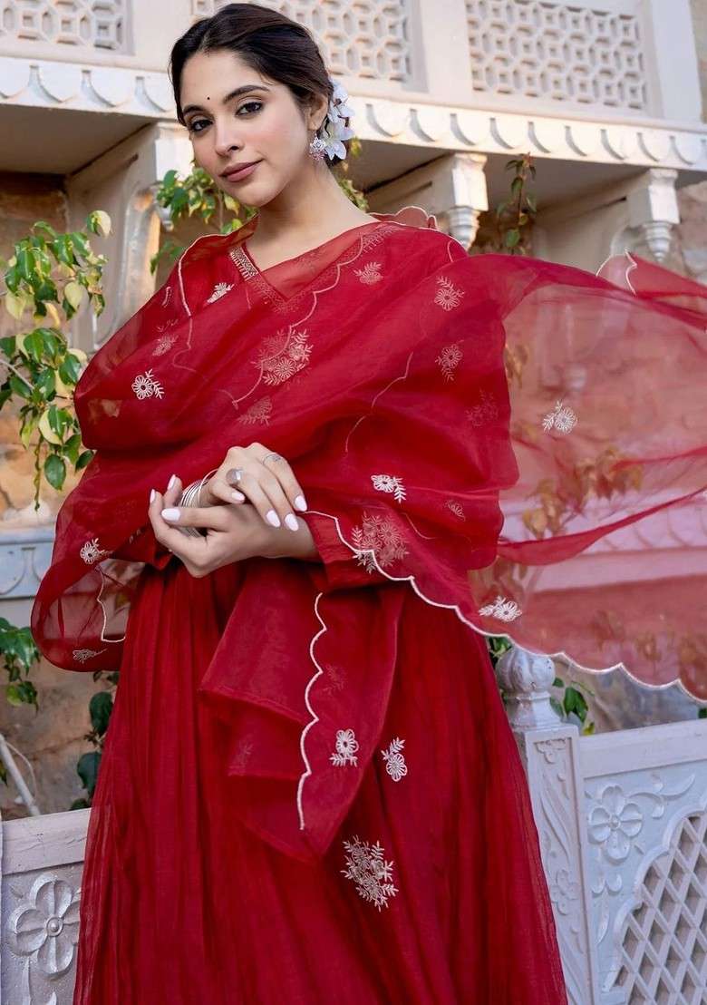 Maroon Embroidered Poly Blended Kurta Sets - Indya