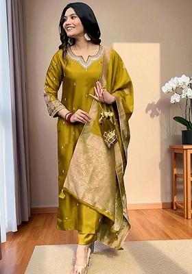 Olive Embroidered Poly Blended Kurta Sets