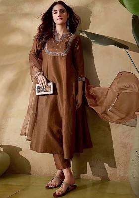 Brown Embroidered Poly Blended Kurta Sets