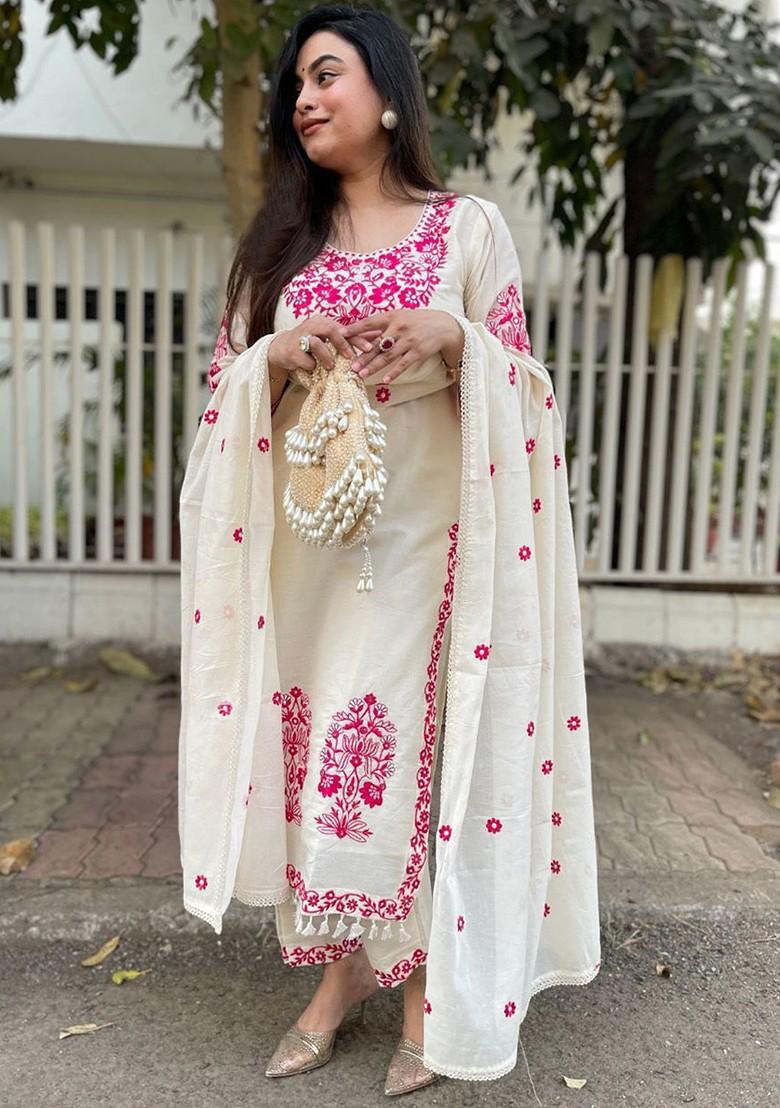 Cream Embroidered Poly Blended Kurta Sets - Indya