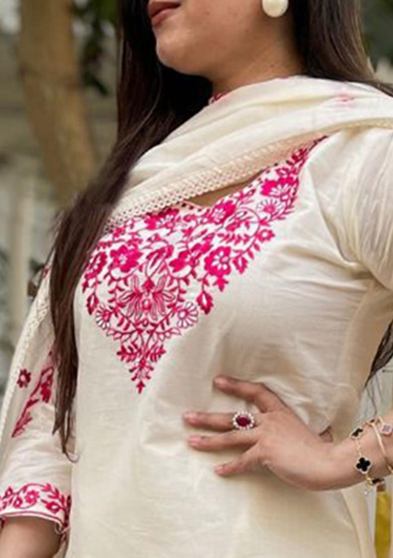 Cream Embroidered Poly Blended Kurta Sets - Indya