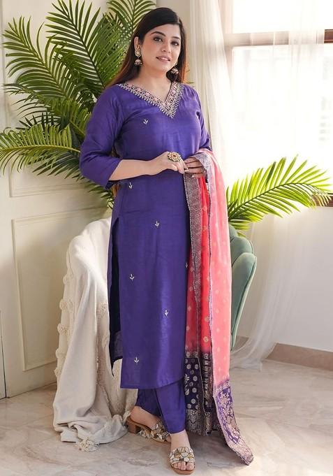 Blue Embroidered Poly Blended Kurta Sets