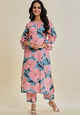 Teal Embroidered Poly Blended Kurta Sets