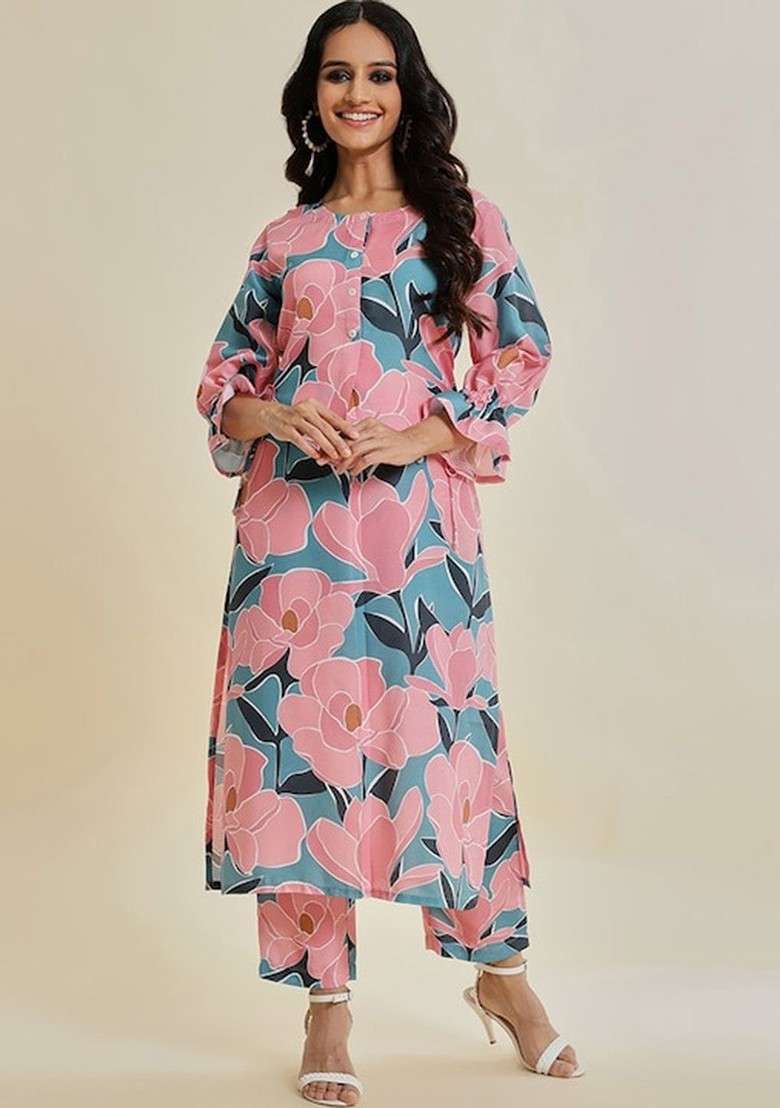 Teal Embroidered Poly Blended Kurta Sets - Indya