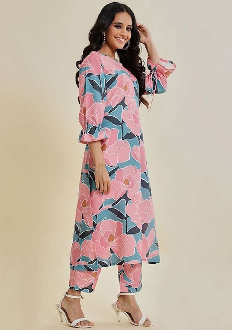 Teal Embroidered Poly Blended Kurta Sets - Indya