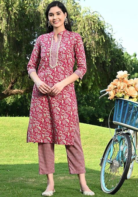 Magenta Embroidered Poly Blended Kurta Sets