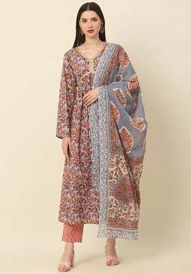 Grey Embroidered Poly Blended Kurta Sets