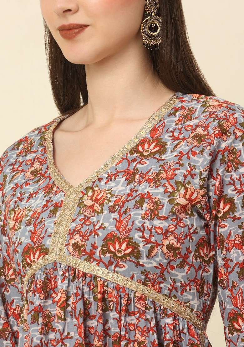 Grey Embroidered Poly Blended Kurta Sets - Indya