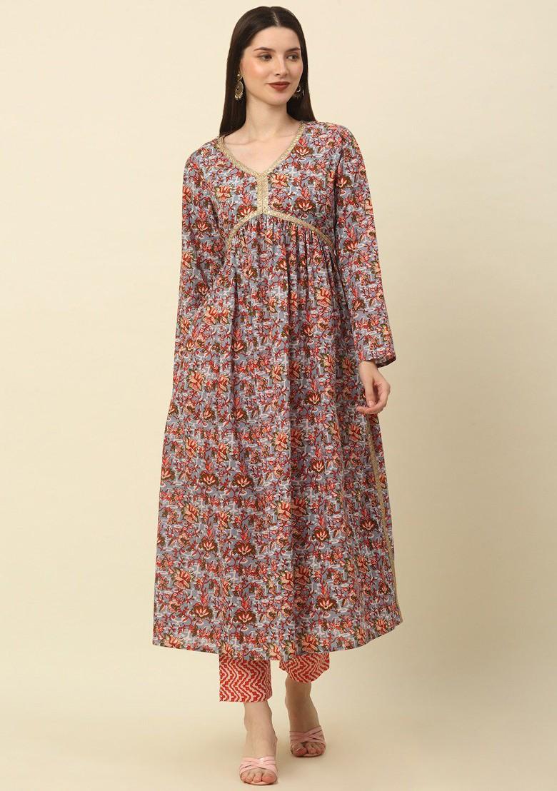 Grey Embroidered Poly Blended Kurta Sets - Indya