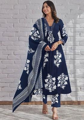 Navy Blue Embroidered Poly Blended Kurta Sets