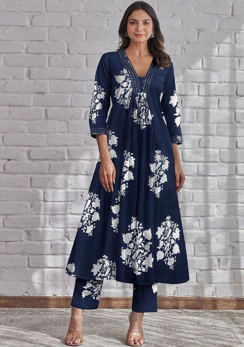Navy Blue Embroidered Poly Blended Kurta Sets - Indya