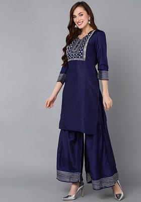 Navy Blue Embroidered Poly Blended Kurta Sets