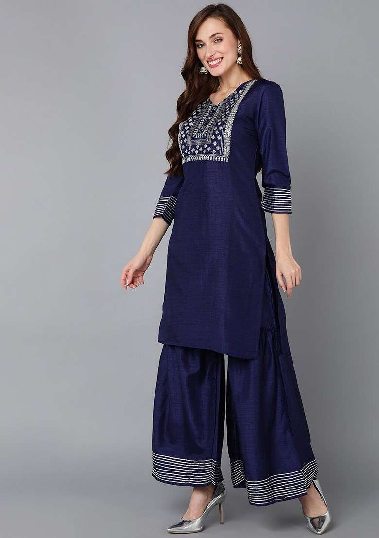 Navy Blue Embroidered Poly Blended Kurta Sets - Indya