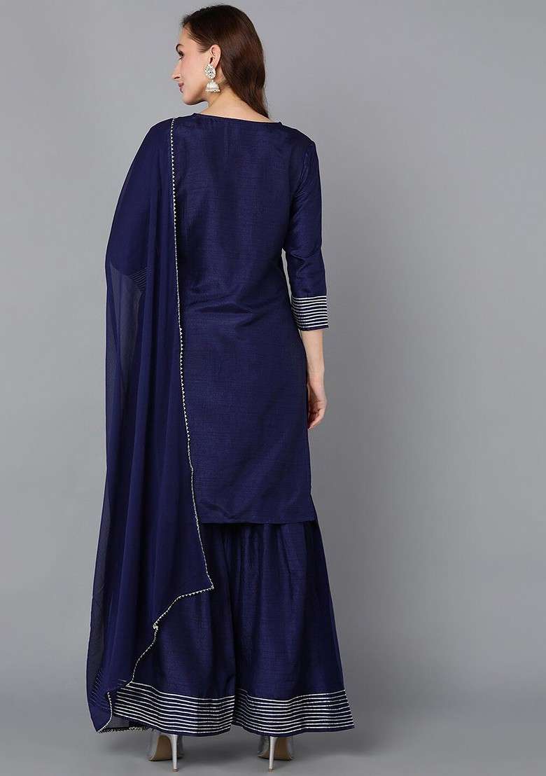 Navy Blue Embroidered Poly Blended Kurta Sets - Indya