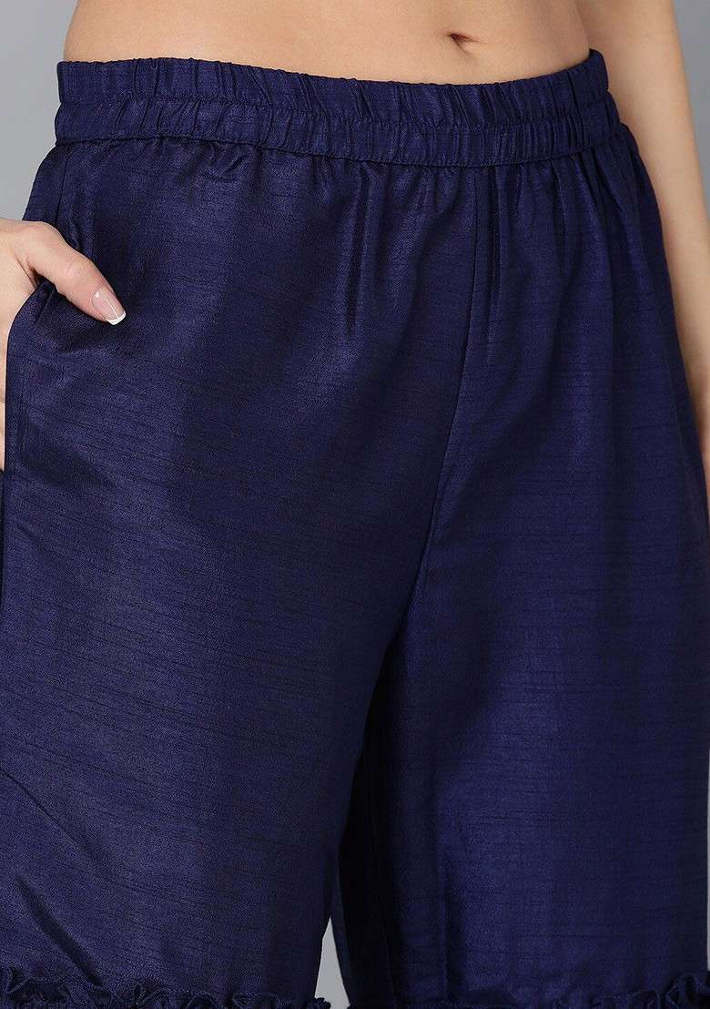 Navy Blue Embroidered Poly Blended Kurta Sets - Indya