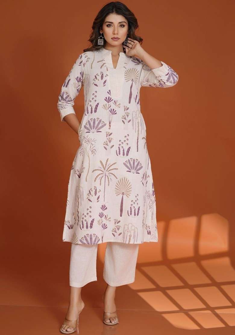 Off White Embroidered Poly Blended Kurta Sets - Indya