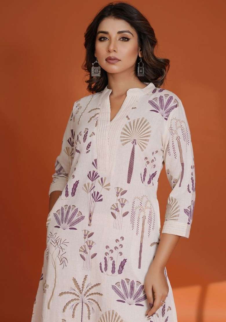 Off White Embroidered Poly Blended Kurta Sets - Indya