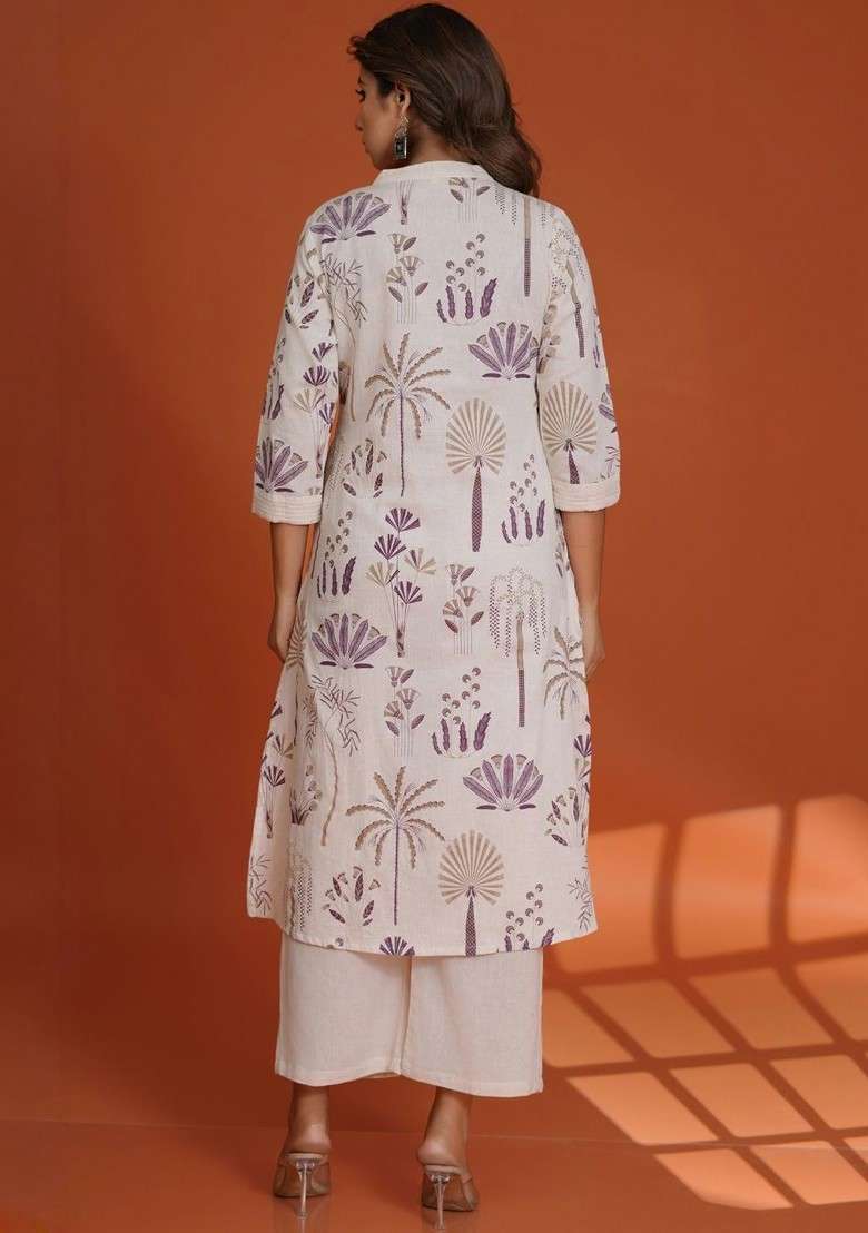 Off White Embroidered Poly Blended Kurta Sets - Indya