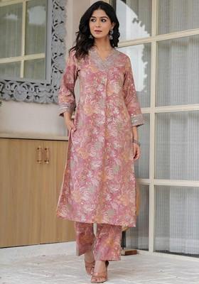 Peach Embroidered Poly Blended Kurta Sets